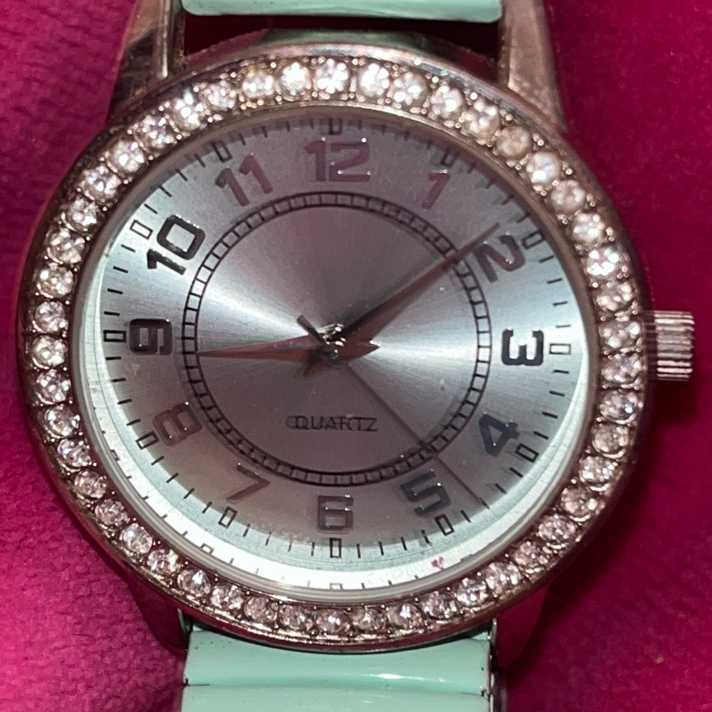 Mint Green Strap Silver Dial Crystal Bezel Quartz Watch